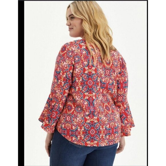 Torrid Womens Sz 3 3X Red Paisley Lenny Tie Front Bell Sleeve‎ V-Neck Boho Slub - Picture 14 of 15